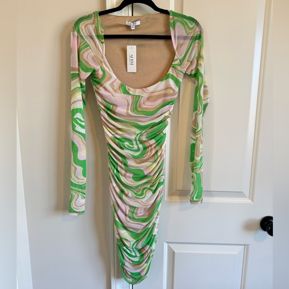 AFRM LOS ANGELES Gesine Long Sleeve Ruched Minidress in Green Swiss - Picture 3 of 11